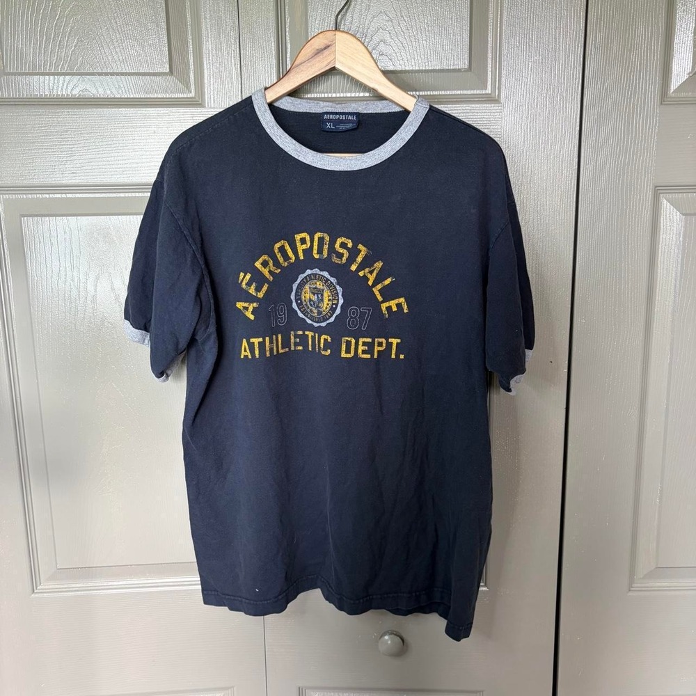Aeropostale Mens XL Navy Blue Ringer T-Shirt Y2K Athletic Dept Graphic Tee